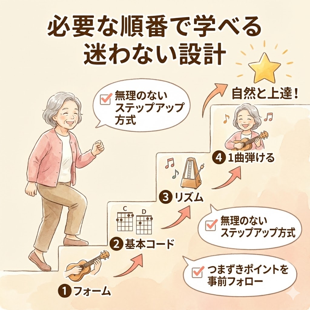 強み① ウクレレ学習が「必要な順番」で学べる迷わない設計