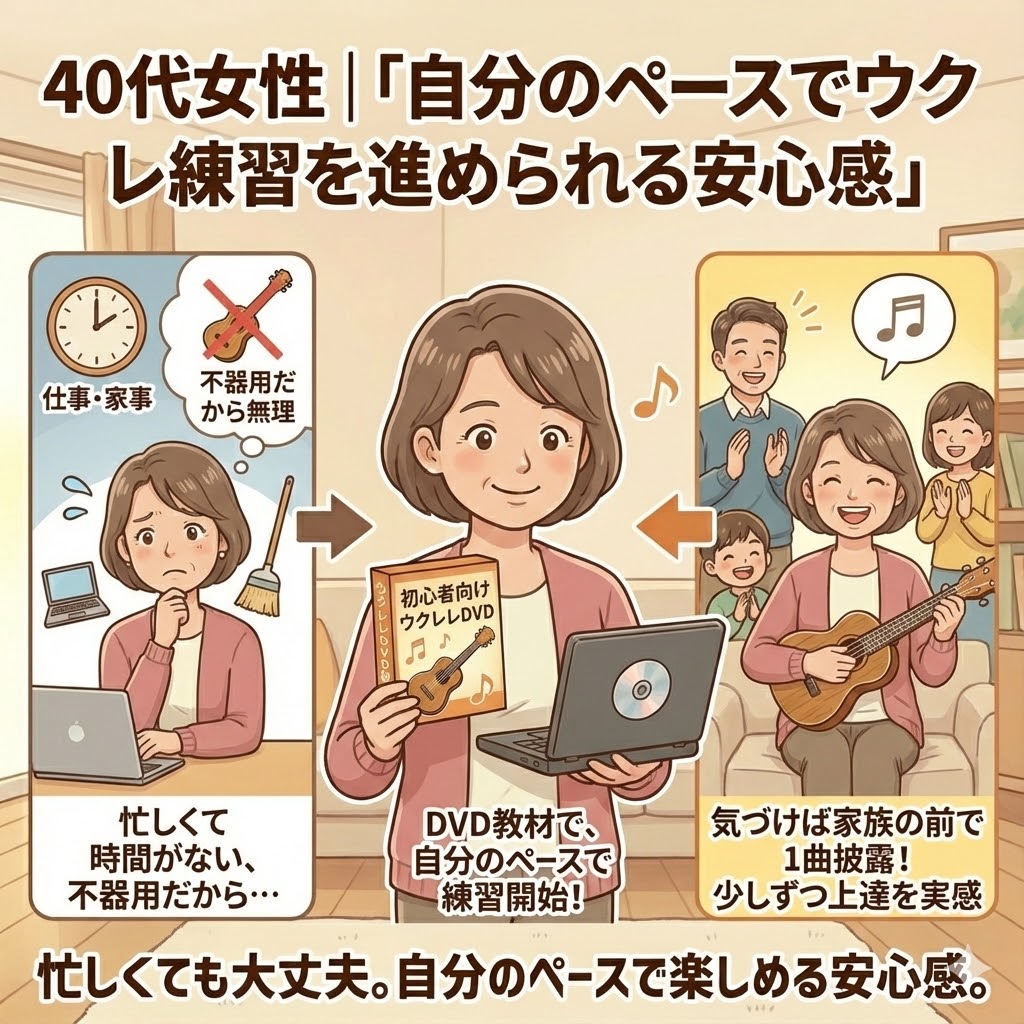 40代女性|「自分のペースでウクレレ練習を進められる安心感」