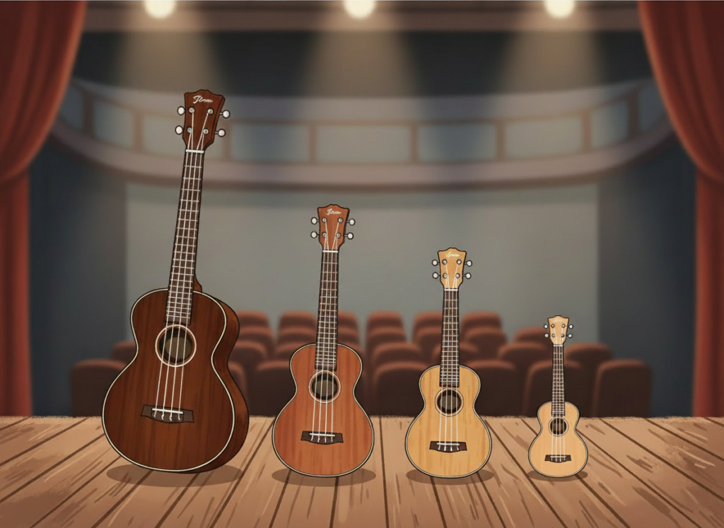 ソプラノ、コンサート、テナー、バリトン
の順に大きさの違うウクレレを並べたイラストを作成してください。